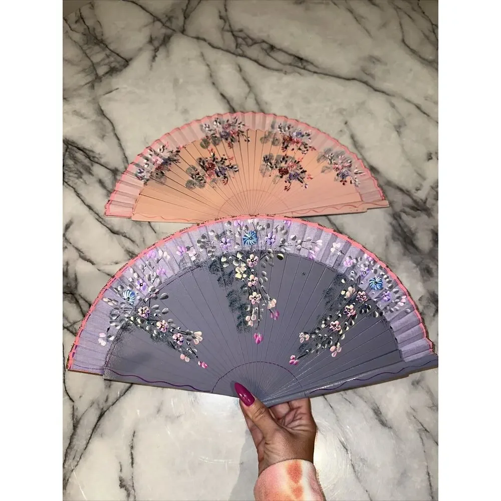 2 Vintage‎ Handpainted Wooden Foldable Hand Fans Pink Purple Flowers 17x9 Asian